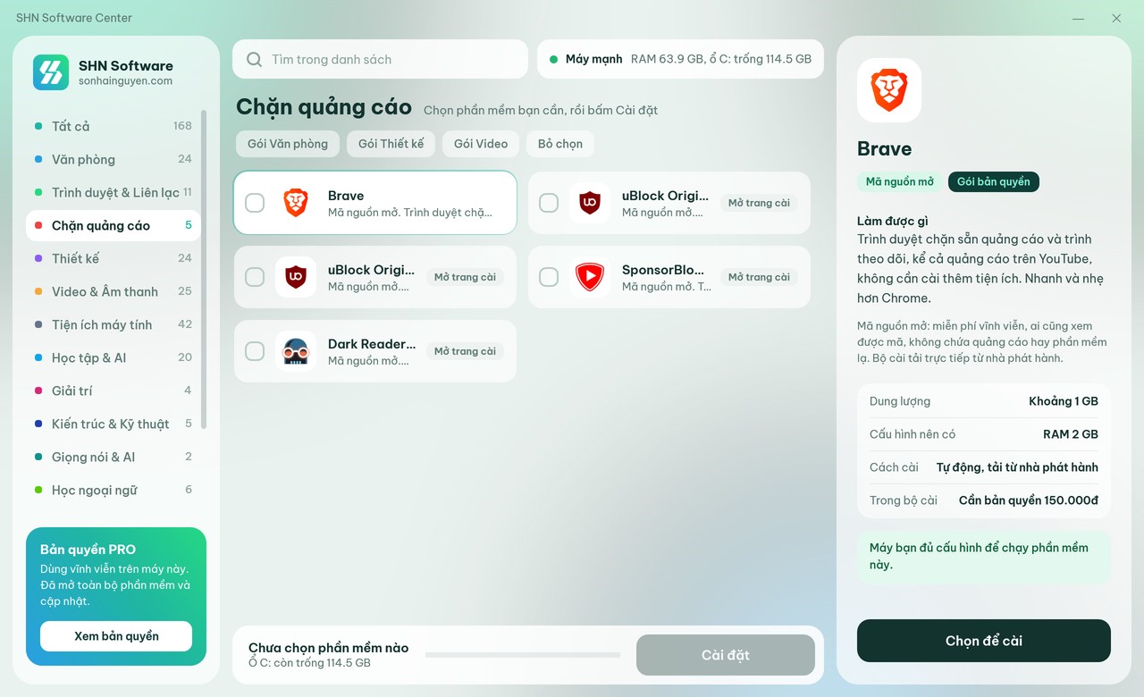 Bản có key: nhóm Chặn quảng cáo với Brave, uBlock Origin, SponsorBlock