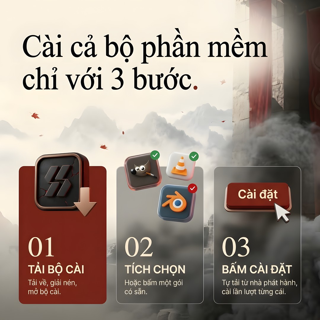 3 bước: tải và giải nén, tích chọn, bấm Cài đặt