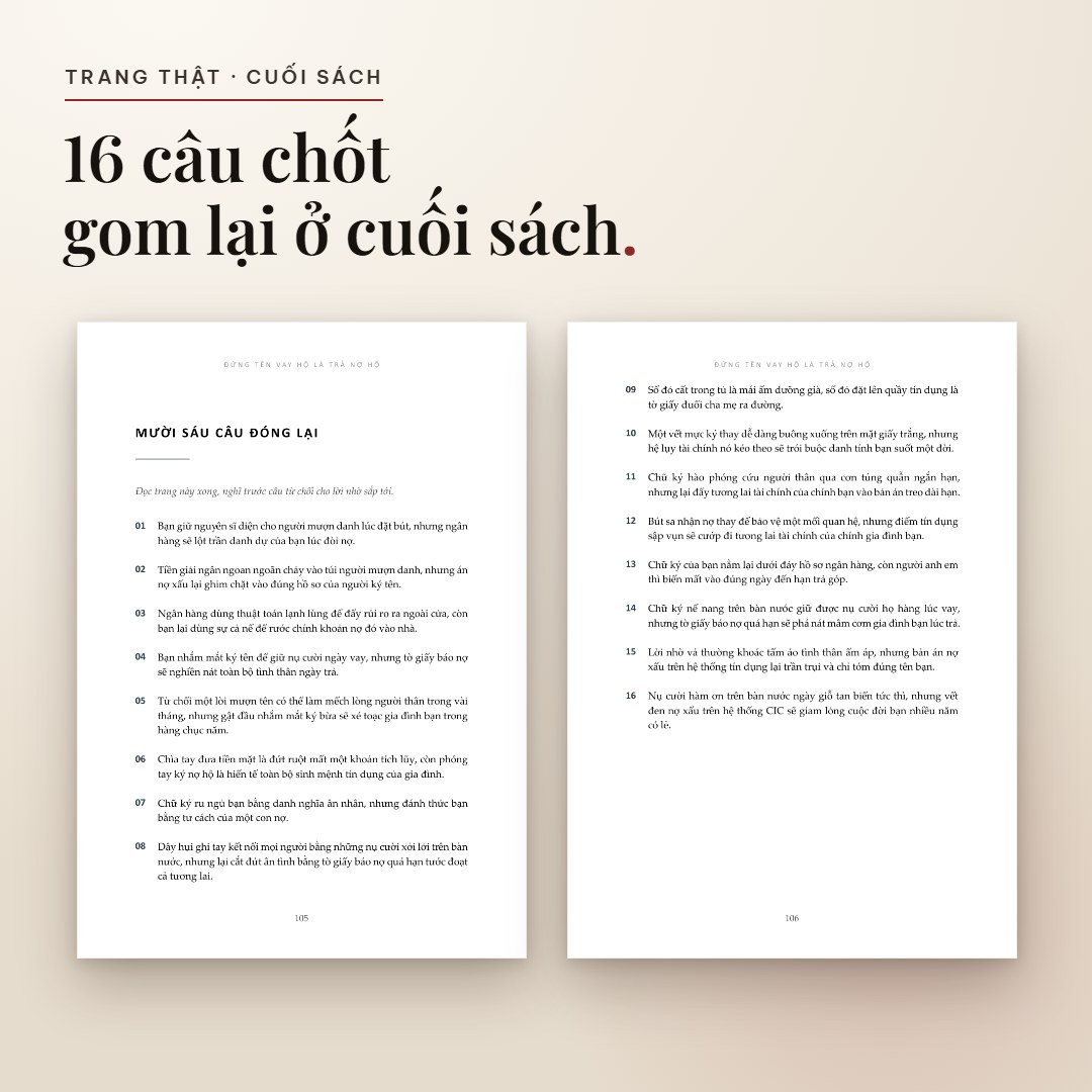 Trang Mười sáu câu đóng lại ở cuối sách